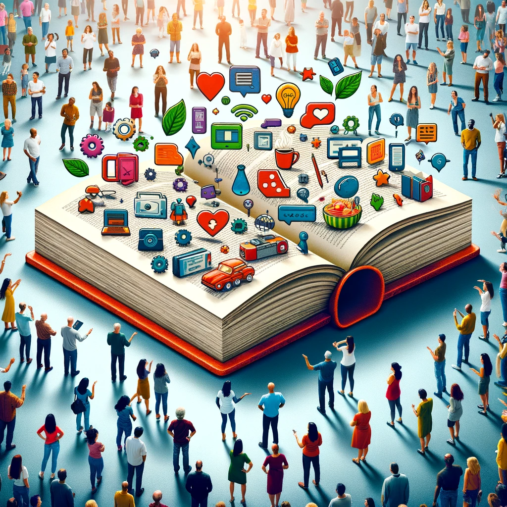 A diverse group of people engaging with a large open book displaying various topics, symbolizing audience engagement in blogging.