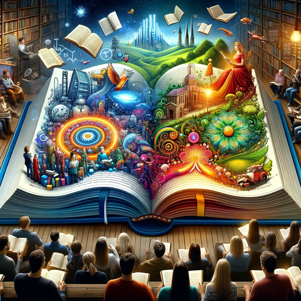 An open book with colorful pages, each depicting a different theme such as history, future, nature, and mathematics. Diverse readers are engrossed in the book, set in a cozy library.