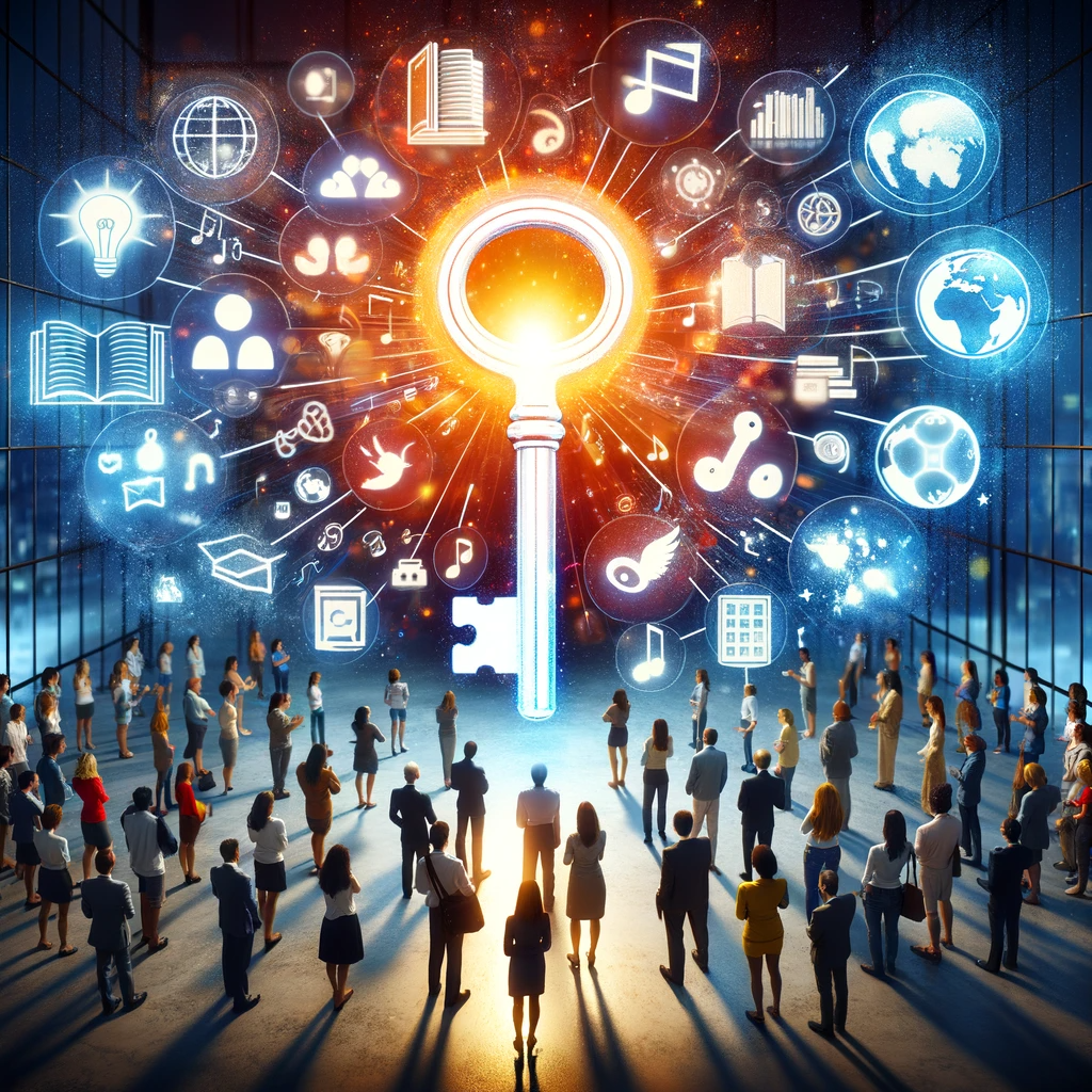 A diverse group of people are gathered around a large, glowing key, with various topic-related icons floating around it in a modern, open space.