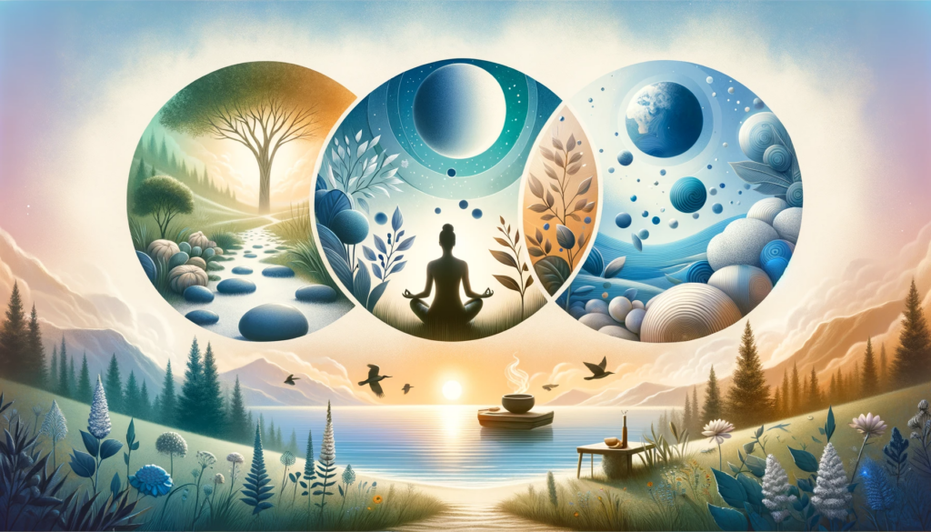 An image depicting serene symbols of mindfulness, including a peaceful meditation space, nature elements, and a person in a meditative pose.