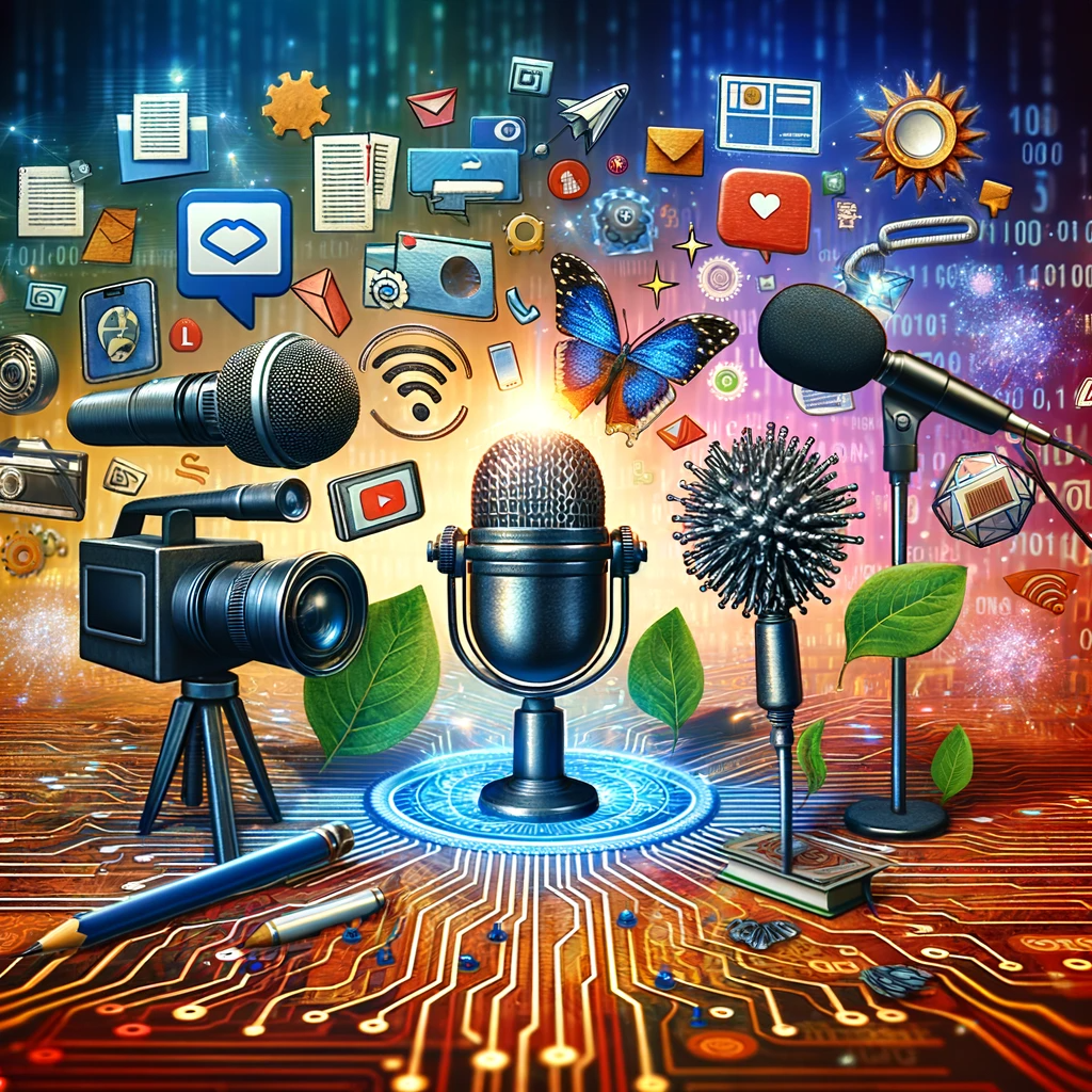 A diverse array of content formats, including a blog post, video camera, microphone for podcasting, infographic, and social media posts, interconnected on a vibrant digital landscape, representing the concept of content diversification in blogging.