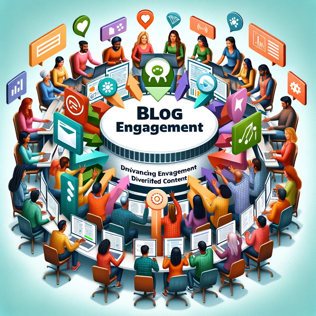 A diverse group of engaged readers actively participating in a blog community, symbolizing enhanced blog engagement through diversified content.