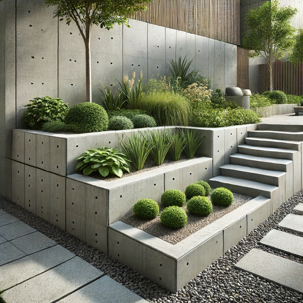 A smooth cement retaining wall in a modern garden setting, holding back a raised bed of lush greenery. The landscape includes well-manicured plants and minimalistic design elements.