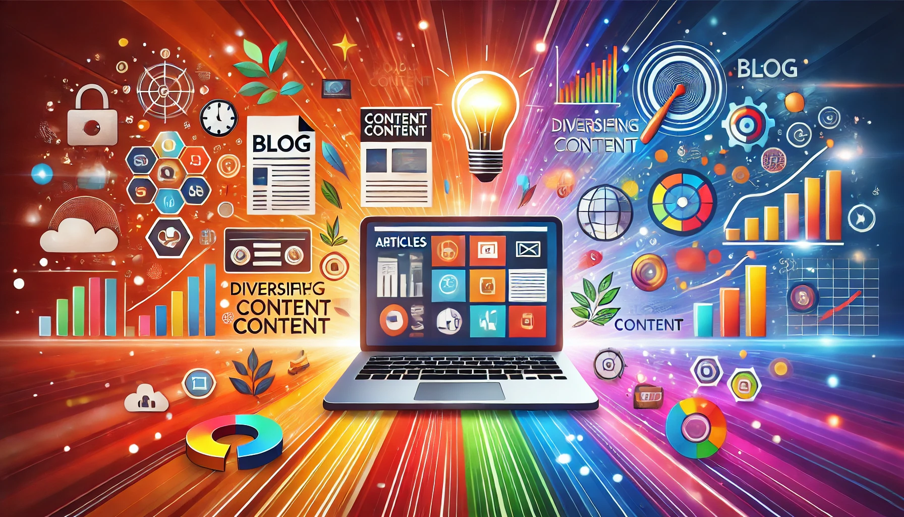 A vibrant illustration showing a laptop with various blog content types including articles, videos, infographics, and podcasts, surrounded by colorful icons and charts.