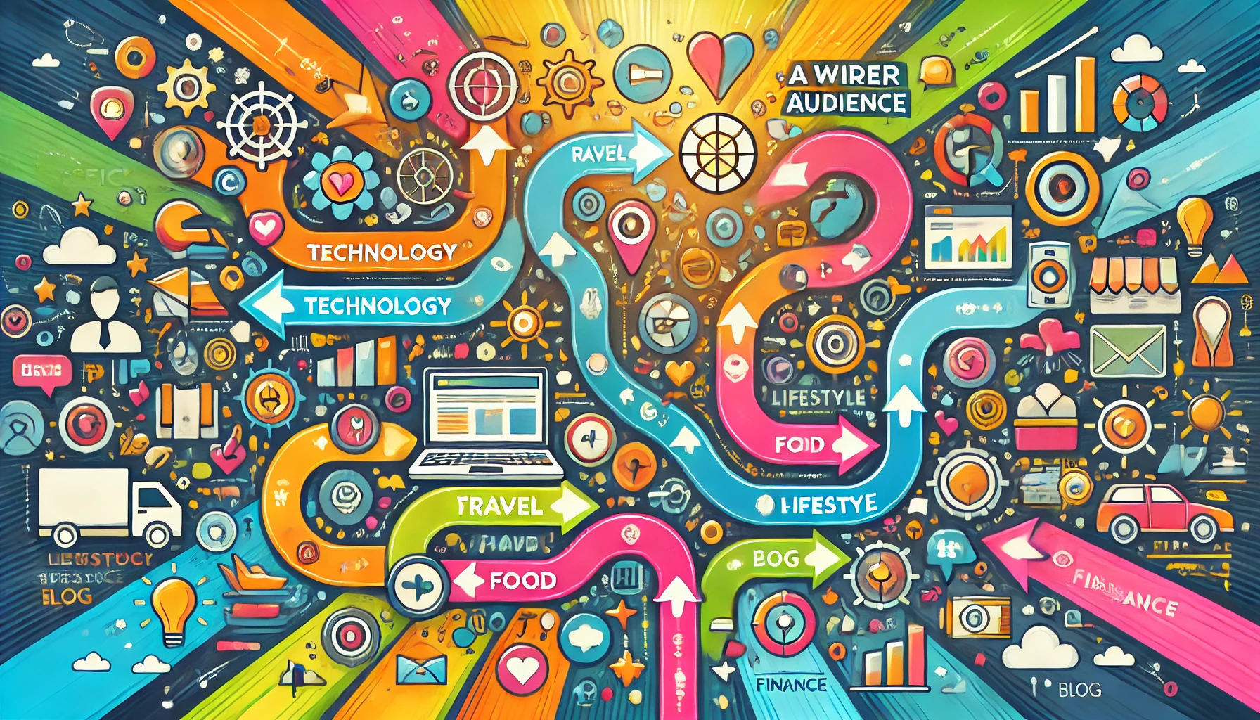 Infographic showing how different topics like technology, travel, food, lifestyle, health, and finance can attract a wider audience to a blog with colorful interconnected icons and pathways.