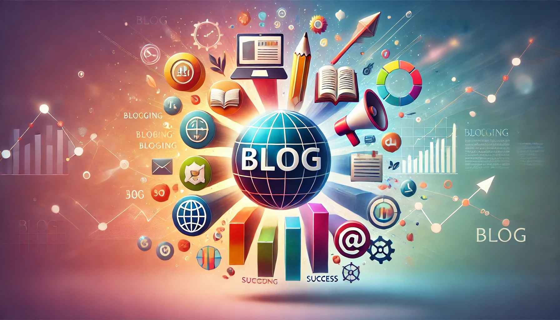 A vibrant blog with various topic icons, such as a pen, book, megaphone, globe, and graph, illustrating the impact of topic variety on blogging success.