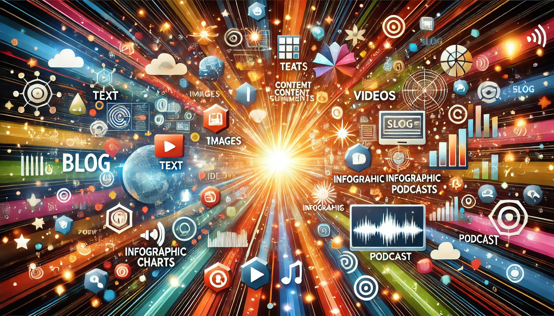 A vibrant image showcasing various types of blog content, including text, images, videos, infographics, and podcasts, spreading out like rays from a central point.