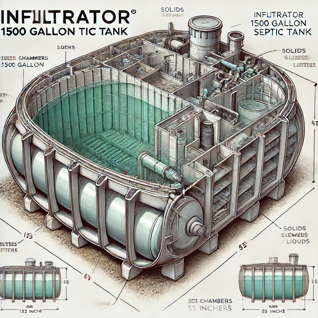 Infiltrator 1500 gallon septic tank with clear dimensions and internal structure labeled.