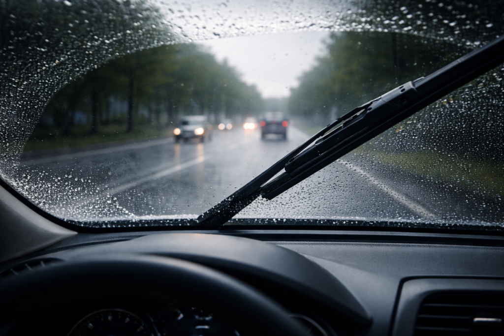 Rain-swept view through the windshield